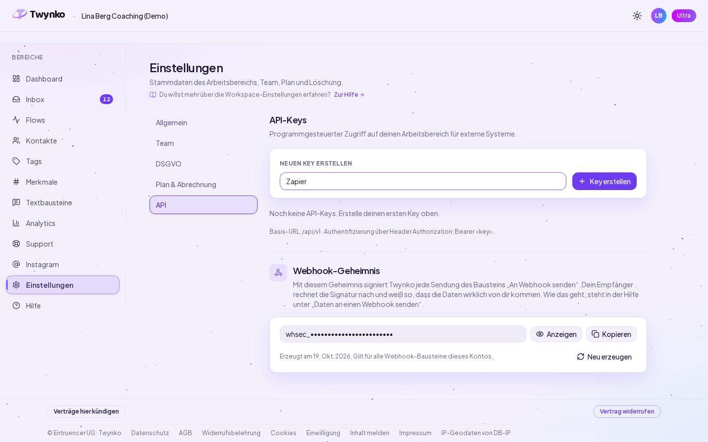 Einstellungen, Tab API: Feld für den Namen des neuen Keys mit dem Eintrag Zapier und Knopf Key erstellen, darunter das Webhook-Geheimnis