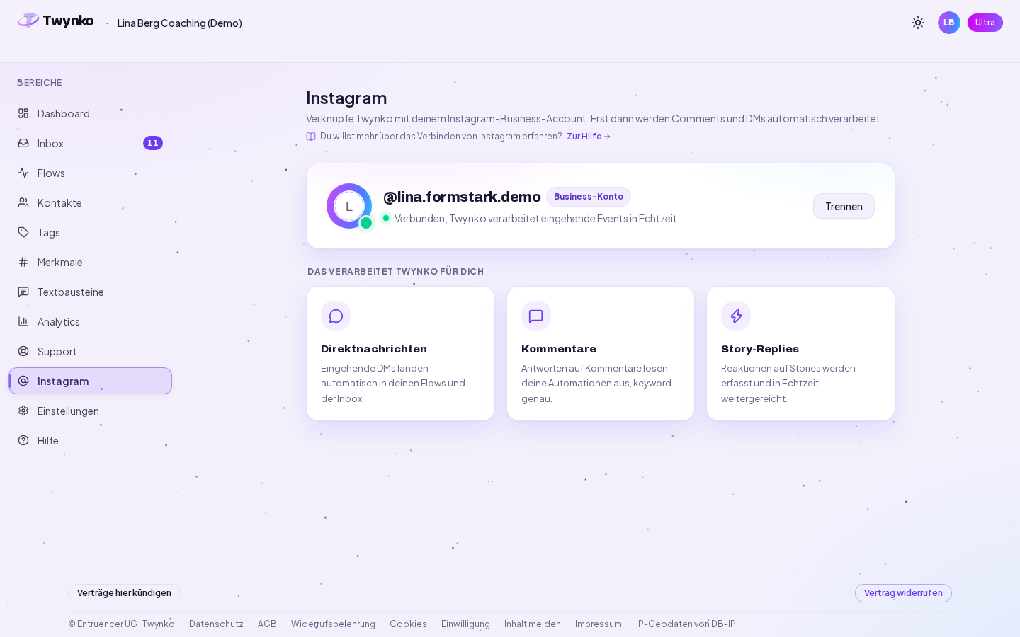Bereich Instagram mit verbundenem Konto @lina.formstark.demo, Status Verbunden und Knopf Trennen