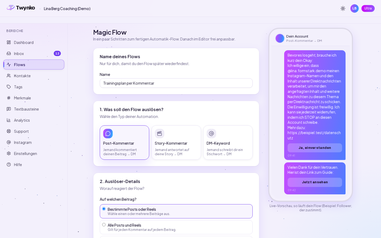 Magic Flow mit Name, Auswahl des Auslösers Post-Kommentar, Story-Kommentar oder DM-Keyword und rechts der Live-Vorschau