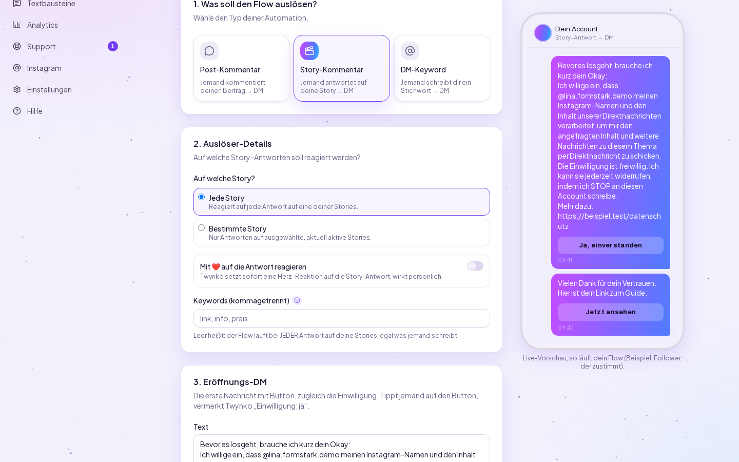 Magic Flow mit Auslöser Story-Kommentar, darunter die Wahl zwischen Jede Story und Bestimmte Story, die Herz-Reaktion und das Feld für Keywords