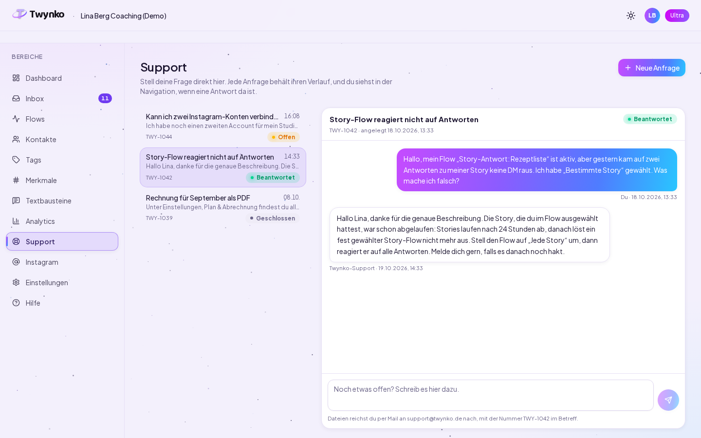 Support-Bereich mit drei Anfragen in den Status offen, beantwortet und geschlossen, rechts der Verlauf der Anfrage TWY-1042 mit Antwort