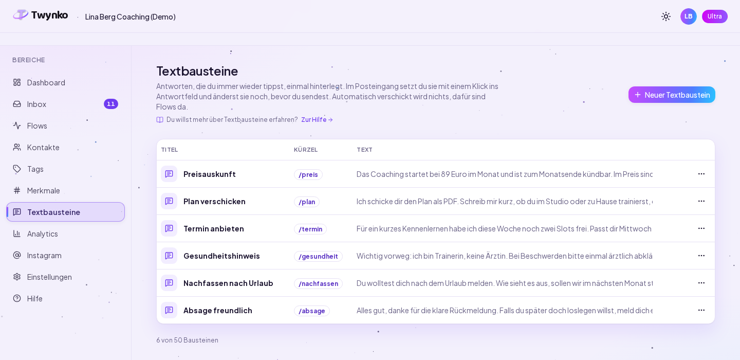 Seite Textbausteine mit sechs Bausteinen, Kürzel-Spalte und dem Zähler 6 von 50