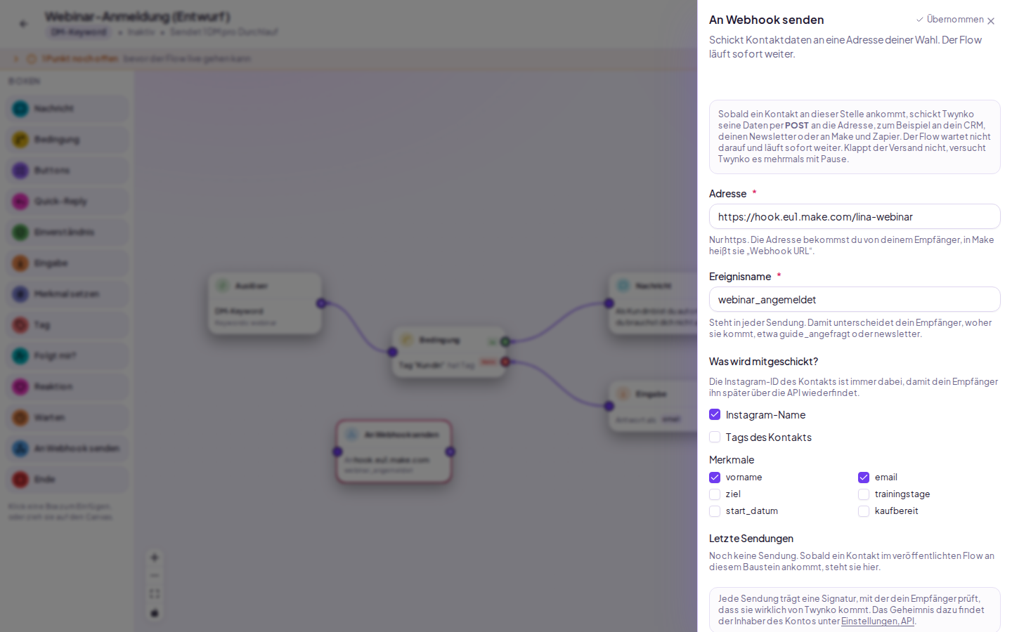 Flow-Editor mit geöffnetem Baustein An Webhook senden: Adresse, Ereignisname webinar_angemeldet und ausgewählte Merkmale vorname und email